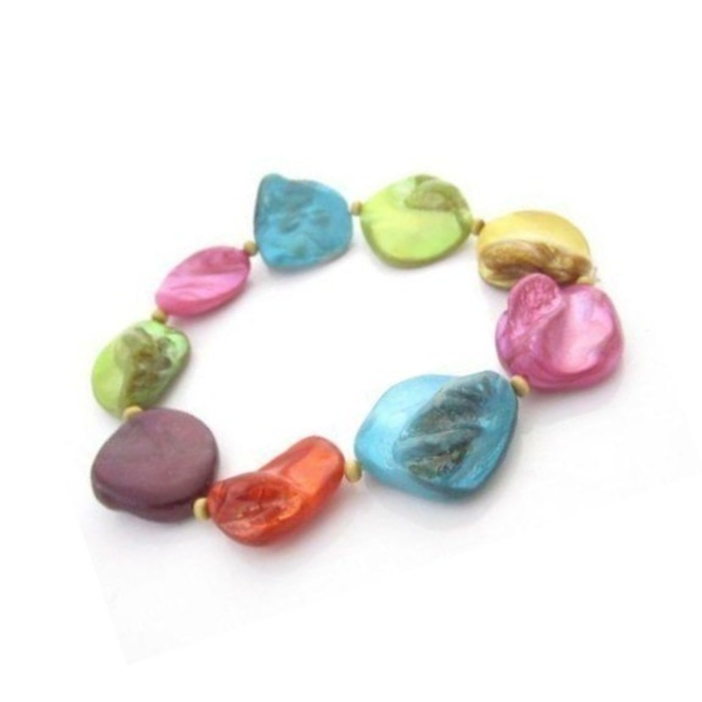 Multi-Colored Blue, Pink, Green, Orange Dyed Mother Of Pearl Elastic Bracelet